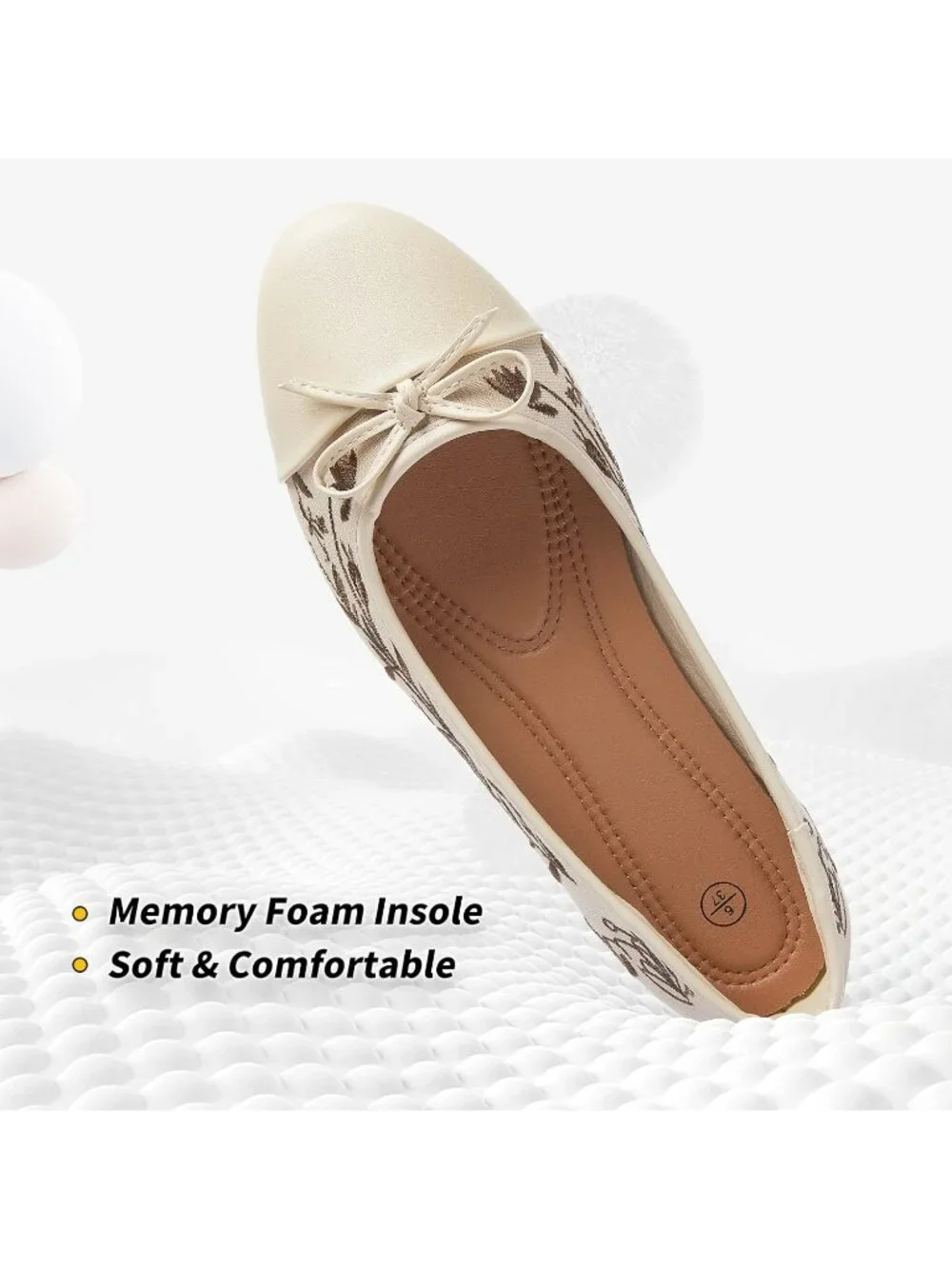 Women's Beige Flats Shoes with Pomegranate Embroidery with Bow Comfortable
